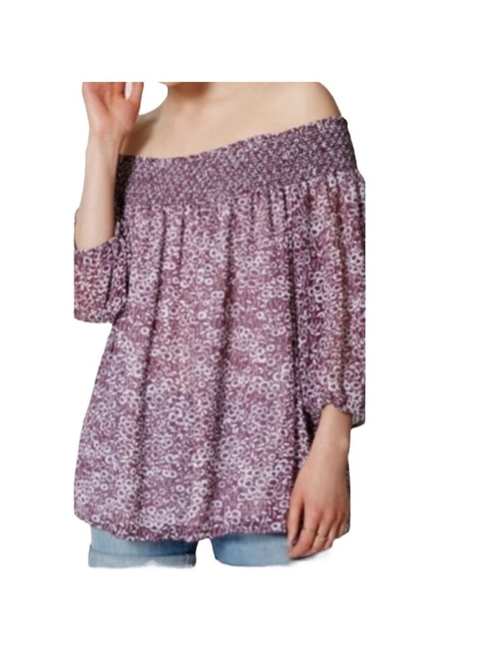 𝅺ANN Taylor LOFT Off The Shoulder Floral Purple blouse top Sz M